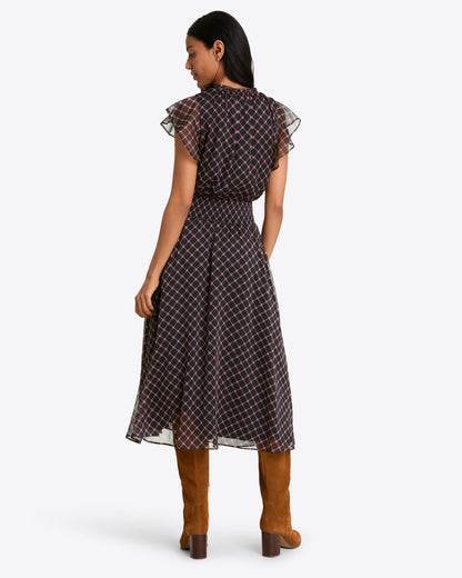 Draper James Black Daisy Trellis Tenille Dress in Crinkle Chiffon