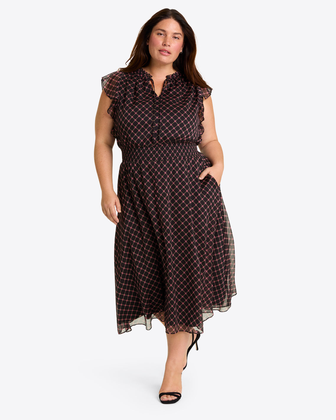 Draper James Black Daisy Trellis Tenille Dress in Crinkle Chiffon