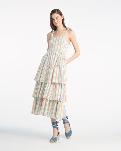 Draper James Rainbow Stripe Taylor Tiered Midi Dress in Rainbow Stripes