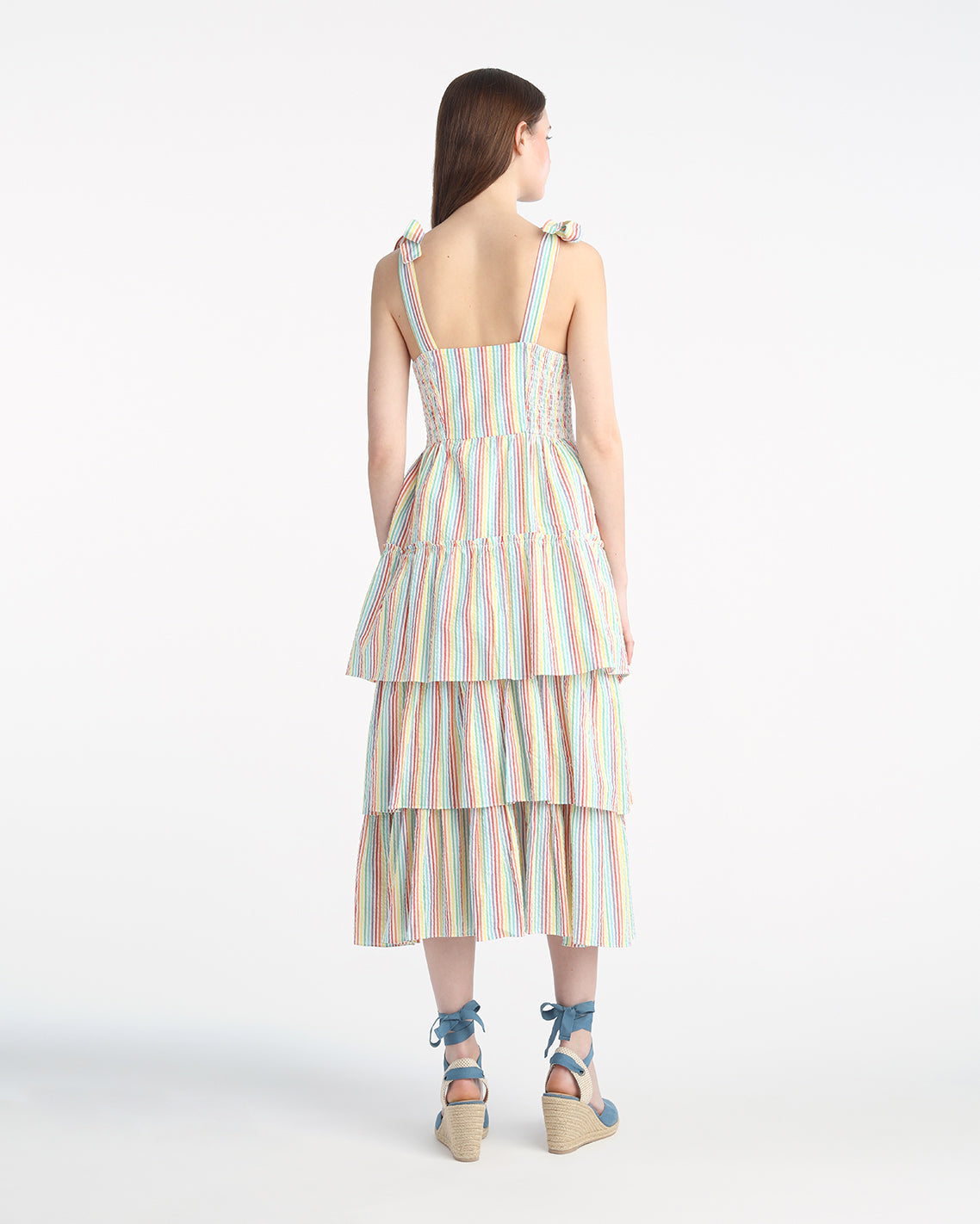 Draper James Rainbow Stripe Taylor Tiered Midi Dress in Rainbow Stripes