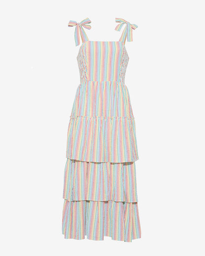Draper James Rainbow Stripe Taylor Tiered Midi Dress in Rainbow Stripes