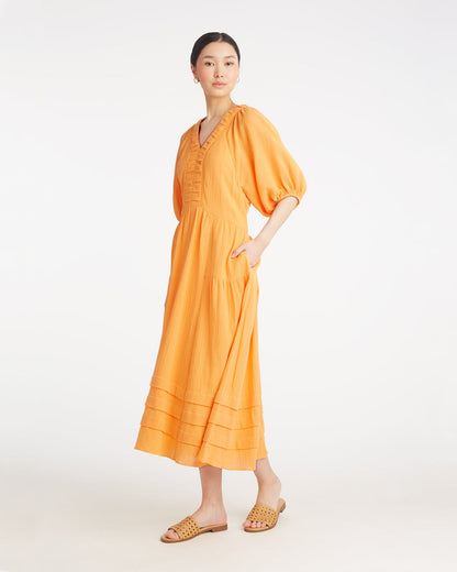 Draper James Orange Chloe V-Neck Midi Dress in Crinkle Cotton