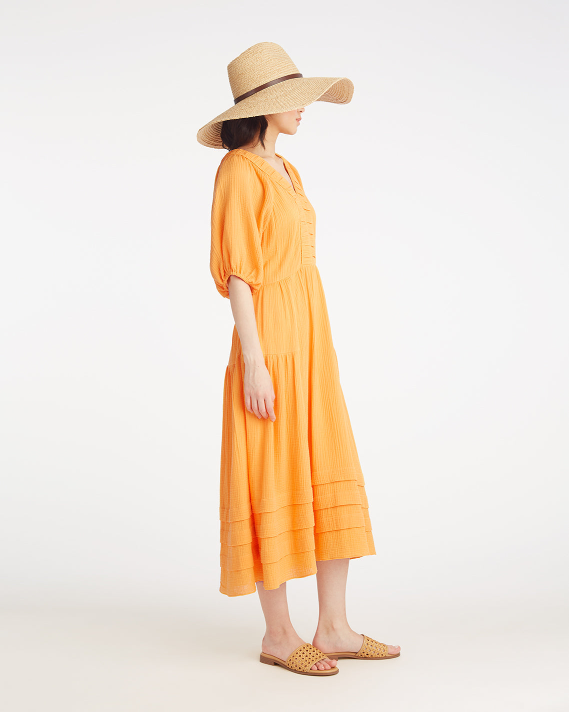 Draper James Orange Chloe V-Neck Midi Dress in Crinkle Cotton