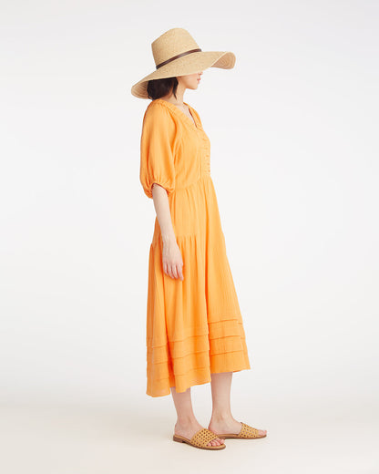 Draper James Orange Chloe V-Neck Midi Dress in Crinkle Cotton
