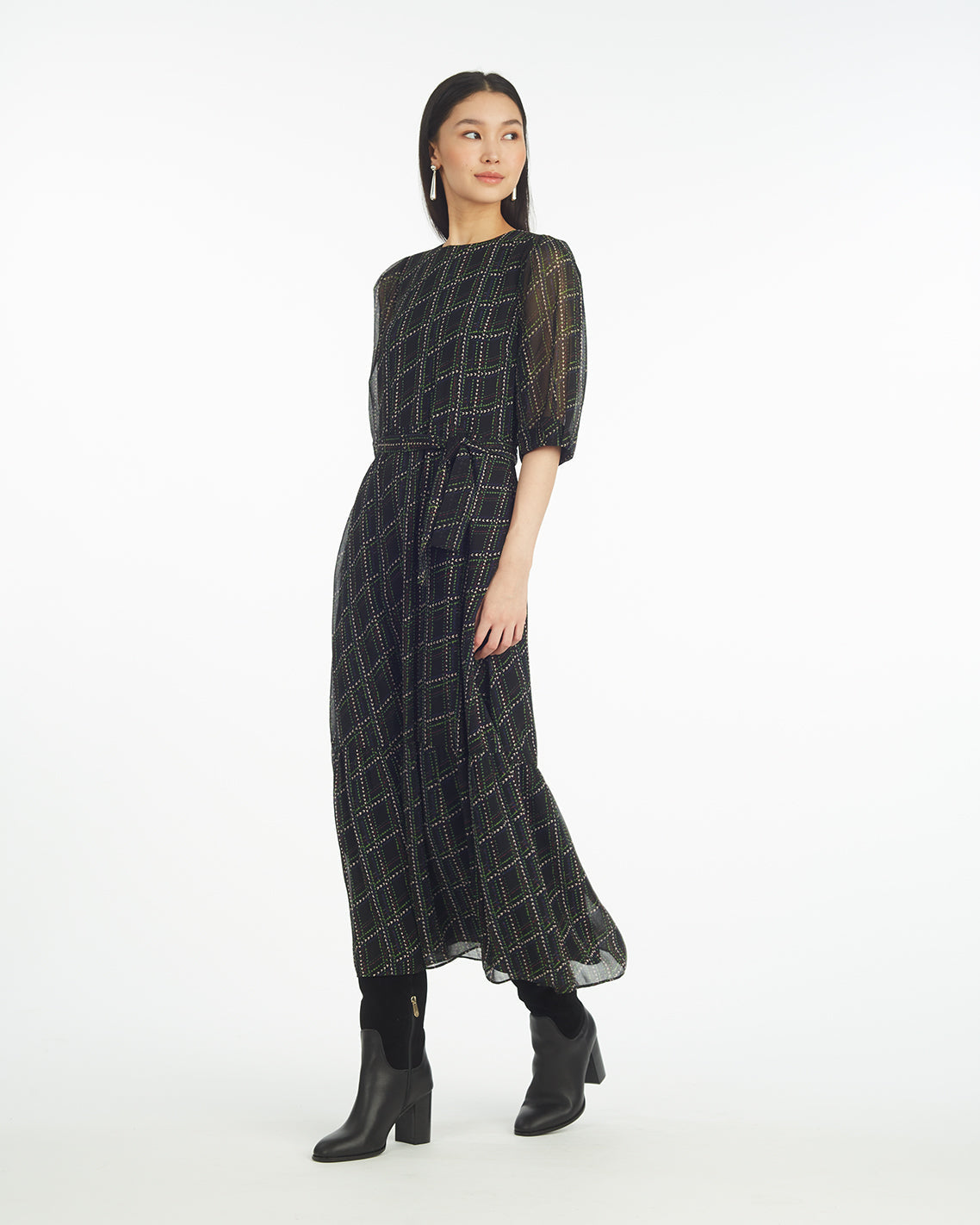 Draper James Dainty Check Sophie Tie Waist Midi Dress in Dainty Check
