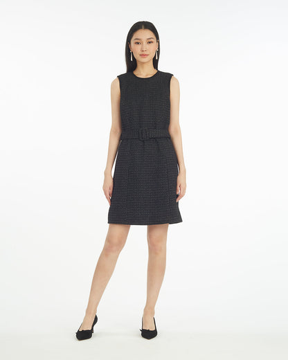 Draper James Black Sadie Belted Shift Dress in Tweed