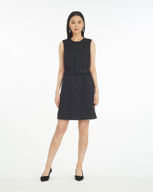 Draper James Black Sadie Belted Shift Dress in Tweed