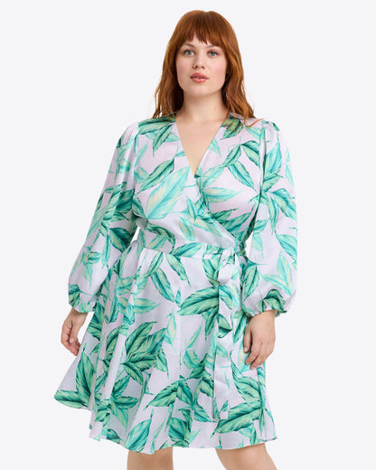 Draper James Tropical Leaf Jordan Long-Sleeve Wrap Dress in Hammered Satin