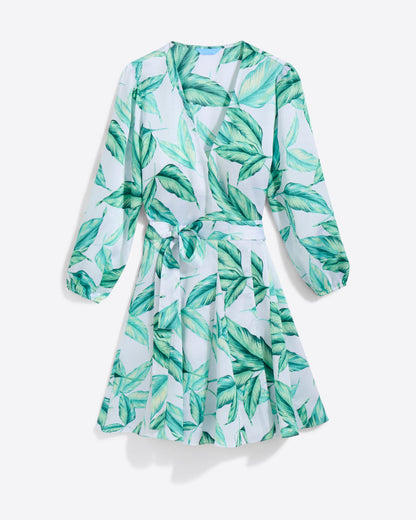 Draper James Tropical Leaf Jordan Long-Sleeve Wrap Dress in Hammered Satin