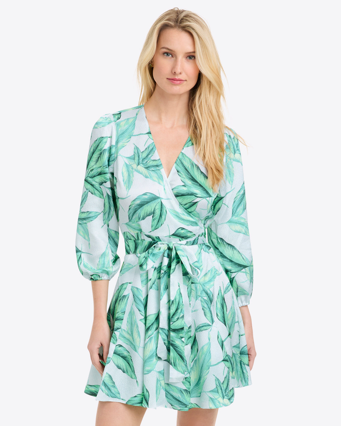 Draper James Tropical Leaf Jordan Long-Sleeve Wrap Dress in Hammered Satin