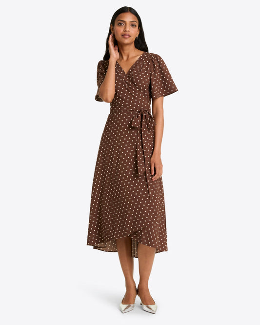 Draper James Brown Gigi Wrap Dress in Matte Satin