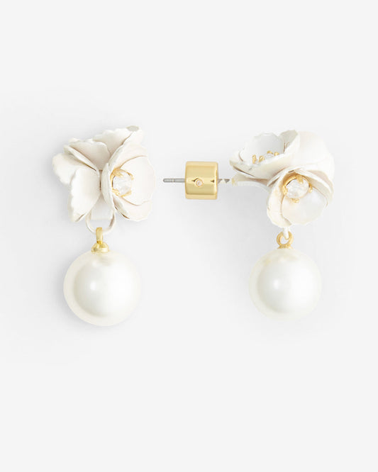 Draper James Magnolia White Ruffle Flower Pearl Drop Earrings