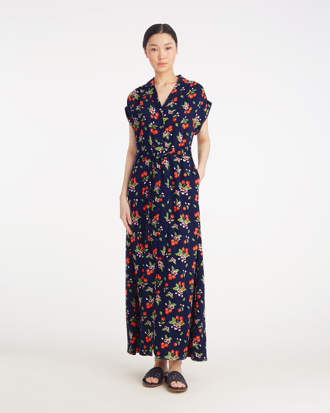 Draper James Cherry Blossom Devin V-Neck Midi Dress in Cherry Blossom
