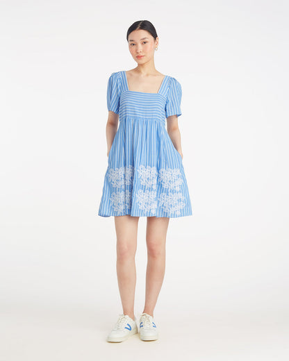 Draper James Blue Stripe Floral Embroidery Dottie Babydoll Dress with Floral Embroidery