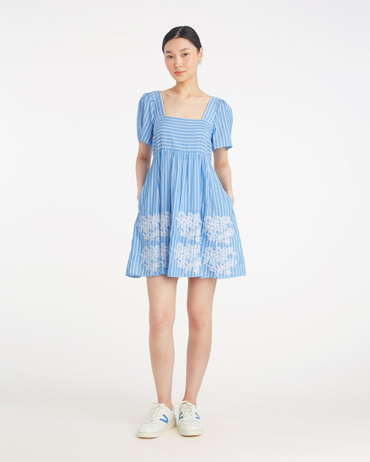 Draper James Blue Stripe Floral Embroidery Dottie Babydoll Dress with Floral Embroidery