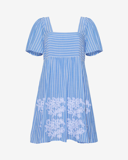 Draper James Blue Stripe Floral Embroidery Dottie Babydoll Dress with Floral Embroidery
