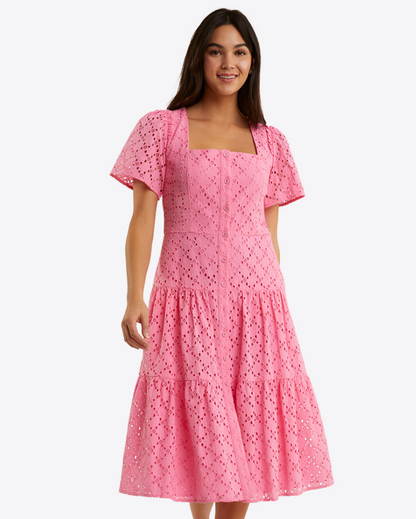 Draper James Sachet Pink Eyelet Caitlyn Midi Dress in Eyelet