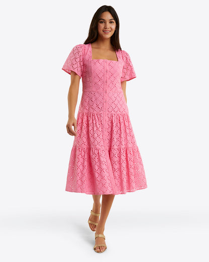 Draper James Sachet Pink Eyelet Caitlyn Midi Dress in Eyelet