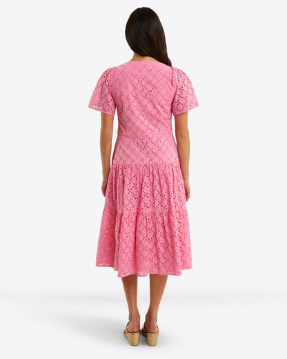 Draper James Sachet Pink Eyelet Caitlyn Midi Dress in Eyelet