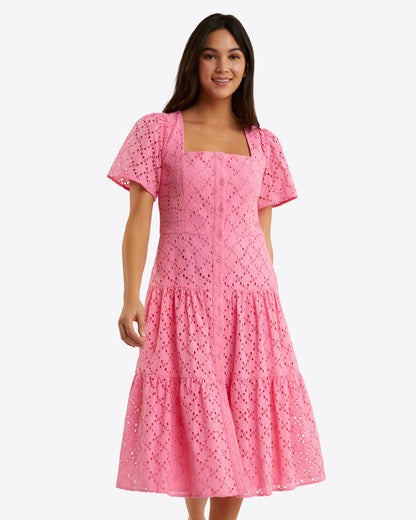 Draper James Sachet Pink Eyelet Caitlyn Midi Dress in Eyelet