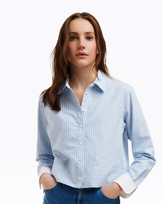 Draper James Oxford Shirting Long Sleeve Cropped Button Down in Oxford Shirting