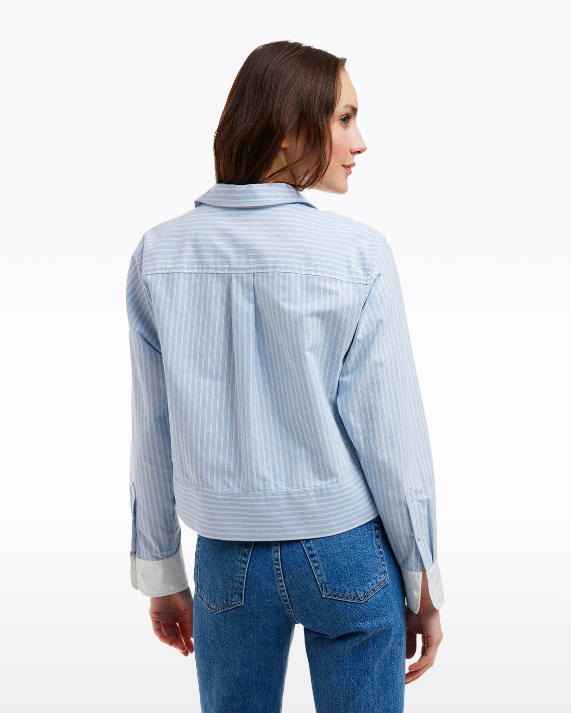 Draper James Oxford Shirting Long Sleeve Cropped Button Down in Oxford Shirting