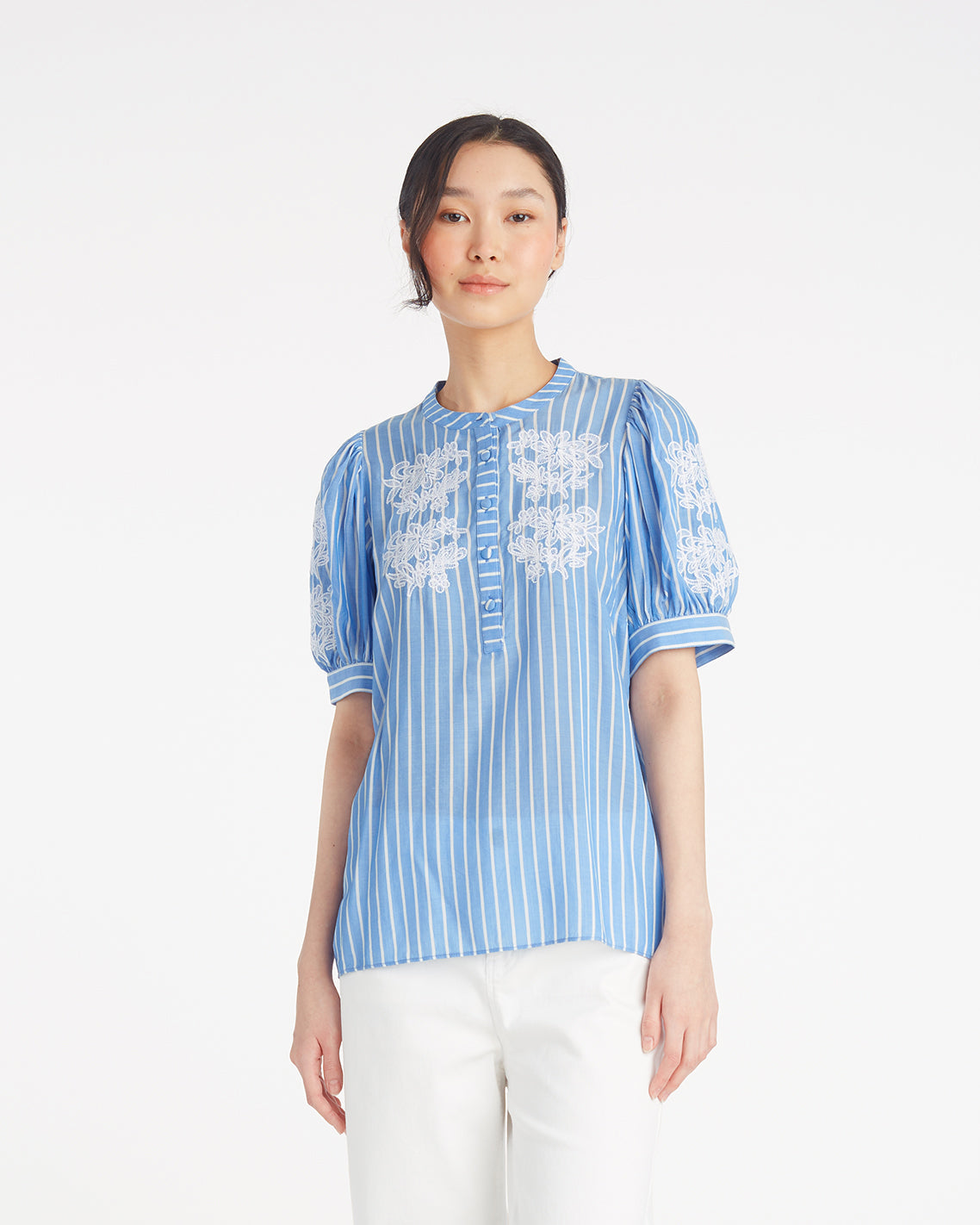 Draper James Blue Stripe Floral Embroidery Puff Sleeve Top with Floral Embroidery