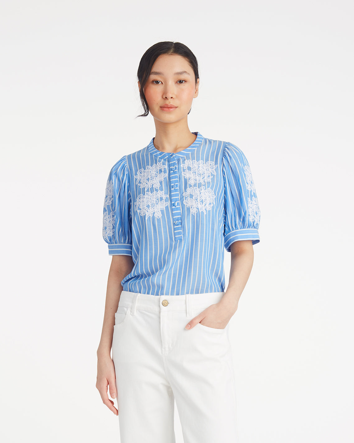 Draper James Blue Stripe Floral Embroidery Puff Sleeve Top with Floral Embroidery