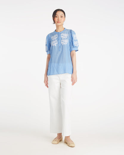 Draper James Blue Stripe Floral Embroidery Puff Sleeve Top with Floral Embroidery