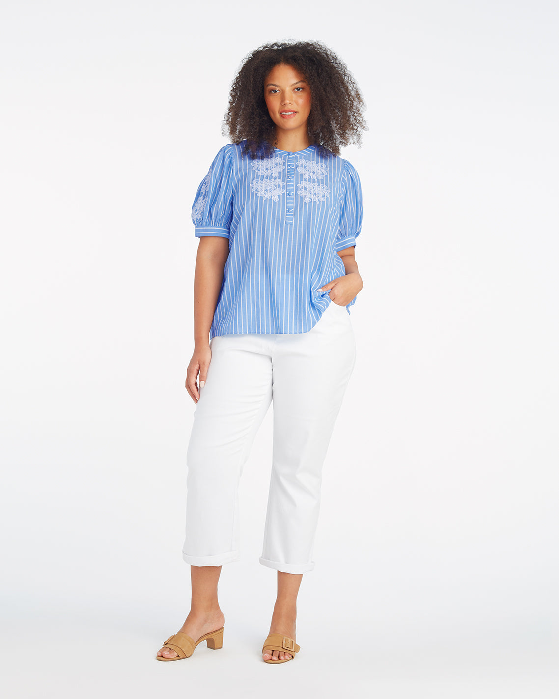 Draper James Blue Stripe Floral Embroidery Puff Sleeve Top with Floral Embroidery