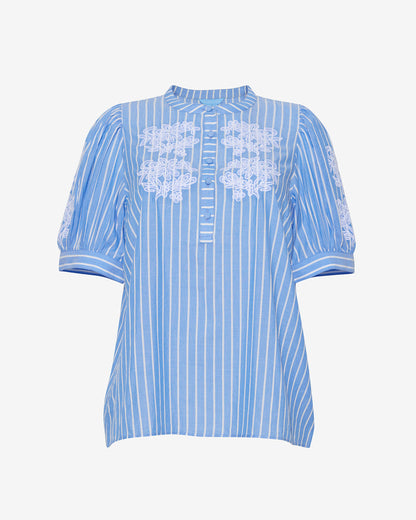 Draper James Blue Stripe Floral Embroidery Puff Sleeve Top with Floral Embroidery
