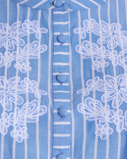 Draper James Blue Stripe Floral Embroidery Puff Sleeve Top with Floral Embroidery