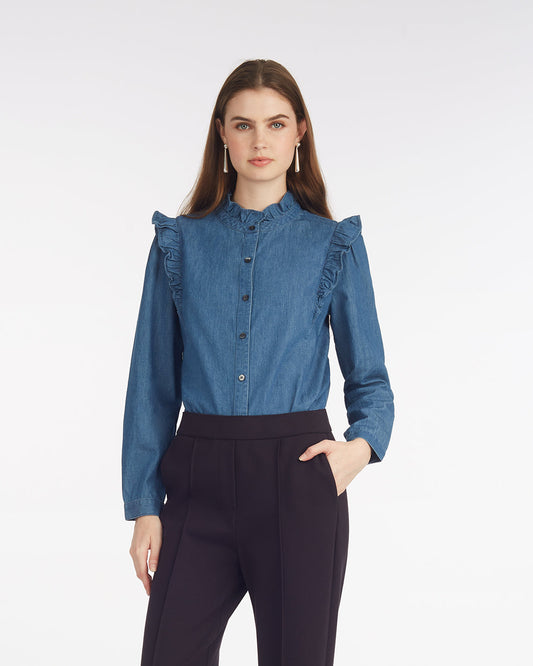 Draper James Medium Wash Chambray Connie Long Sleeve Top in Chambray
