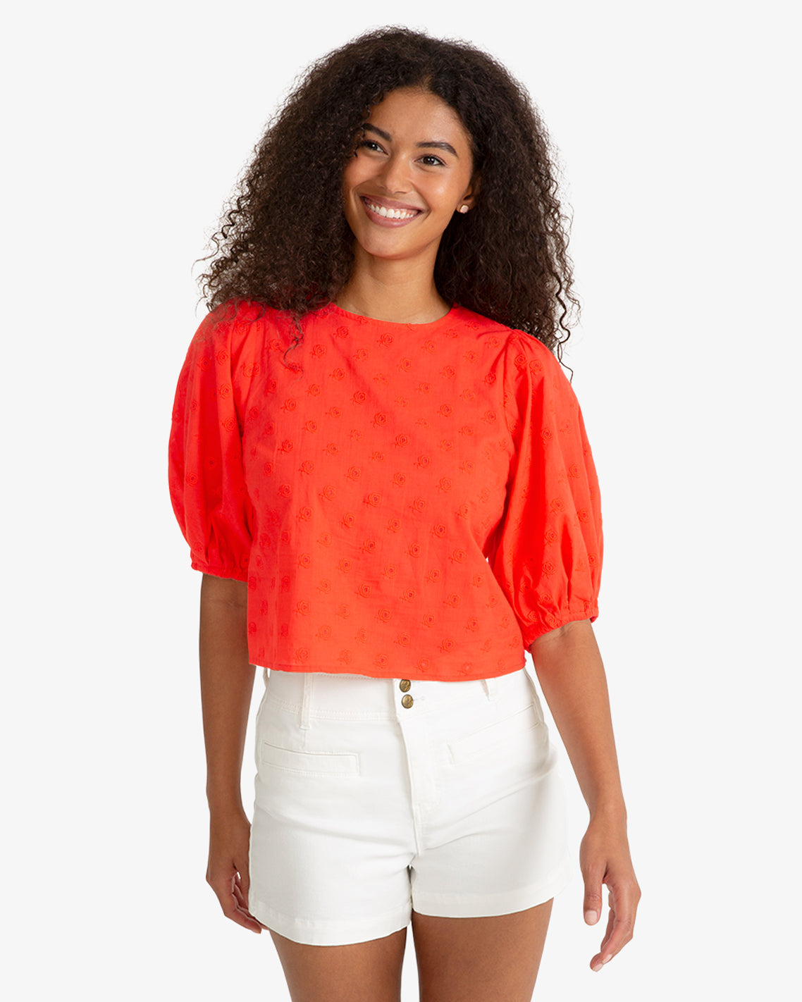 Draper James Lipstick Red Short Sleeve Top in Embroidered Flower