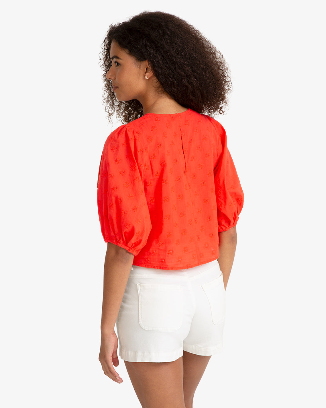 Draper James Lipstick Red Short Sleeve Top in Embroidered Flower