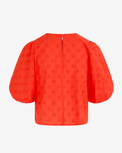 Draper James Lipstick Red Short Sleeve Top in Embroidered Flower