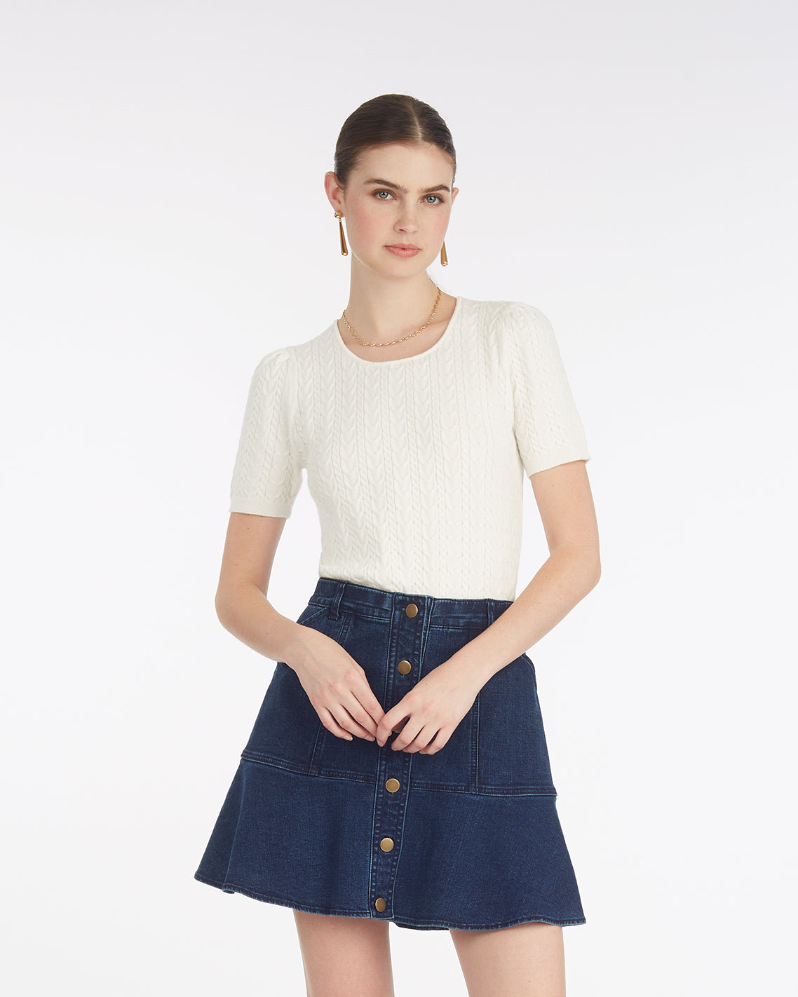 Draper James Magnolia White Mixed Cable Crewneck Sweater