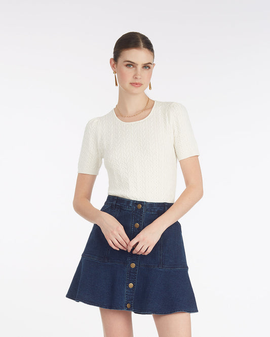 Draper James Magnolia White Mixed Cable Crewneck Sweater