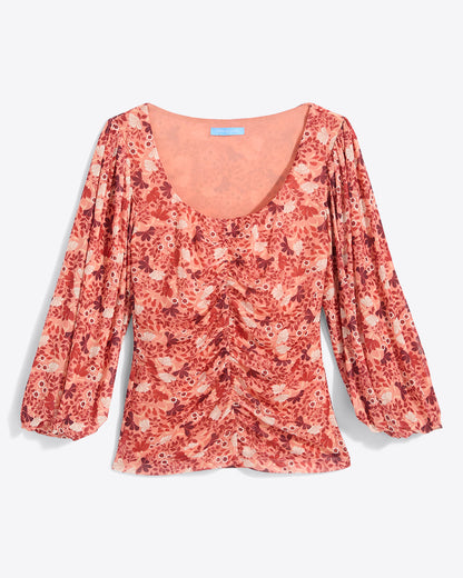 Draper James Coneflowers Mesh Shelby Scoop Neck Top in Stretch Mesh