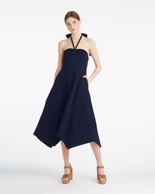 Draper James Nassau Navy Violeta Halter Neck Dress in Seersucker