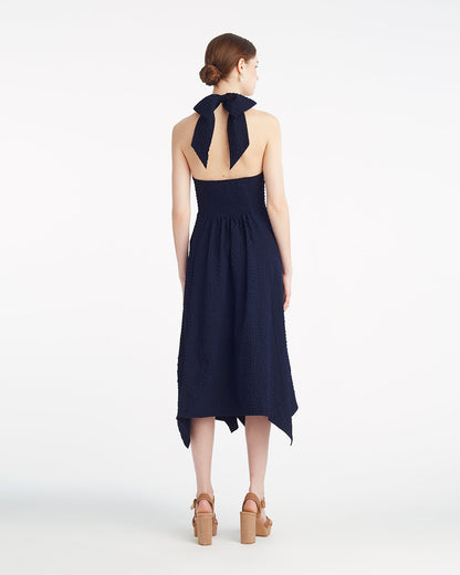 Draper James Nassau Navy Violeta Halter Neck Dress in Seersucker