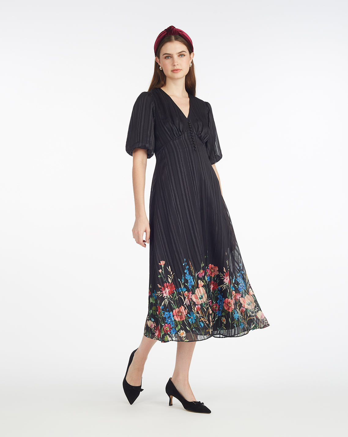 Draper James Black Multi Maisy Midi Dress in Moonlit Blooms