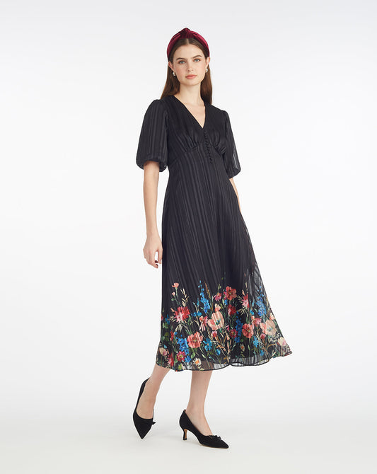 Draper James Black Multi Maisy Midi Dress in Moonlit Blooms