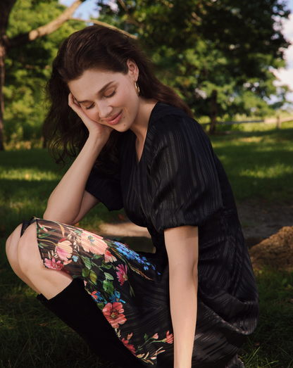 Draper James Black Multi Maisy Midi Dress in Moonlit Blooms