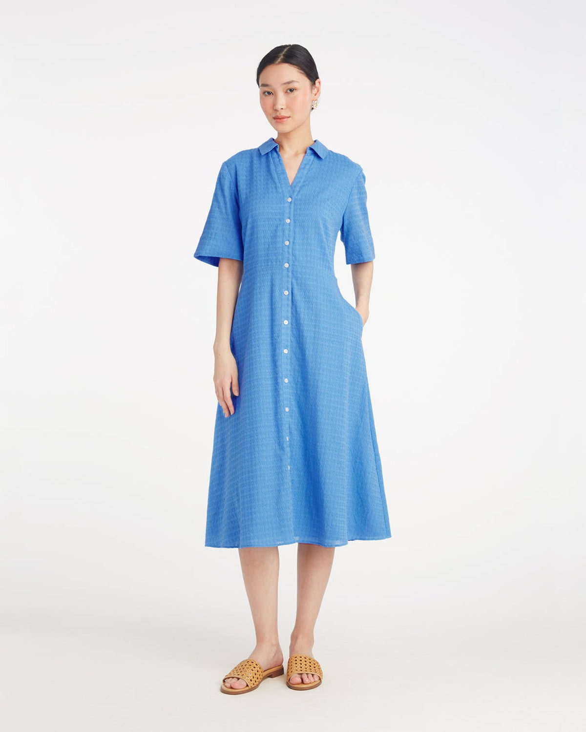 Draper James Light Blue Annika Midi Shirtdress in Textured Cotton