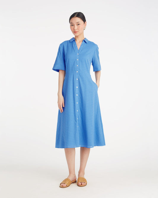 Draper James Light Blue Annika Midi Shirtdress in Textured Cotton
