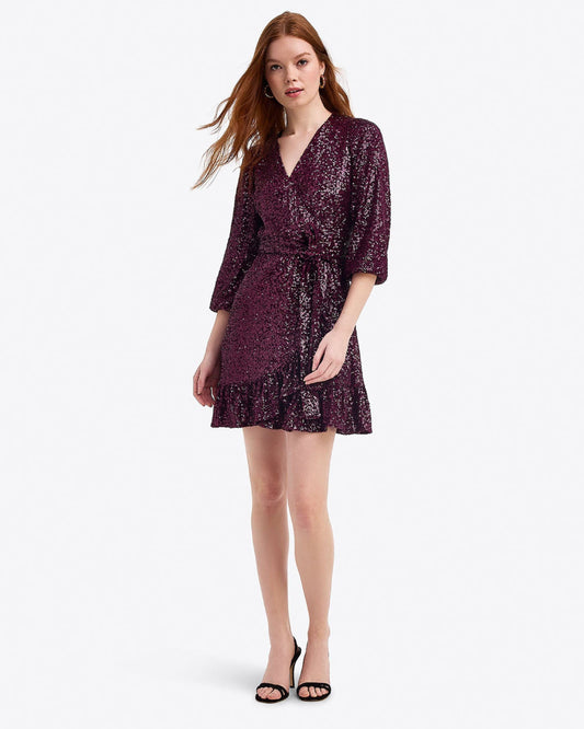 Draper James Burgundy Jordan Long-Sleeve Wrap Dress in Sequins