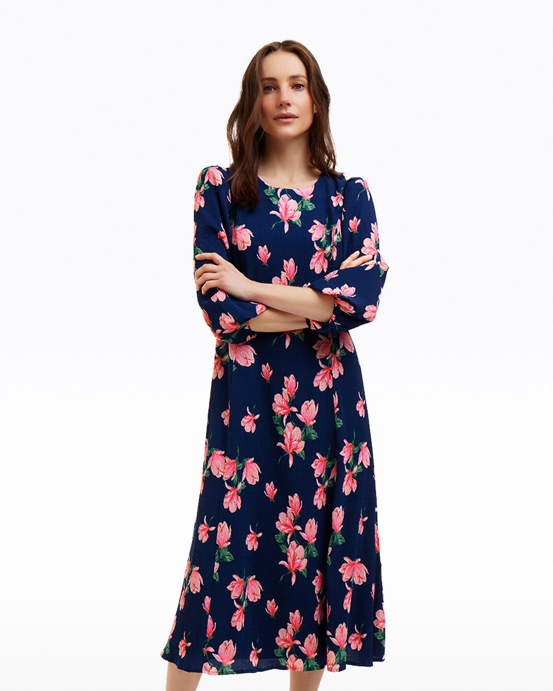 Draper James Magnolia Buds Matilda Crewneck Midi Dress in Magnolia Buds