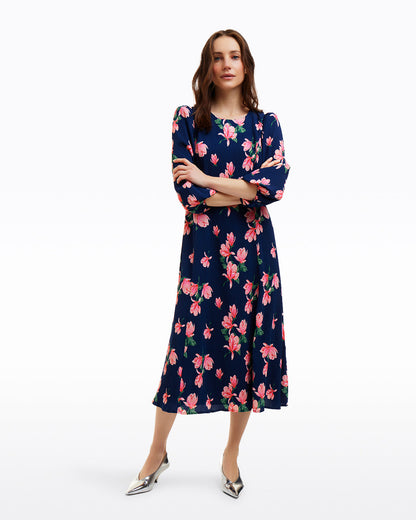 Draper James Magnolia Buds Matilda Crewneck Midi Dress in Magnolia Buds