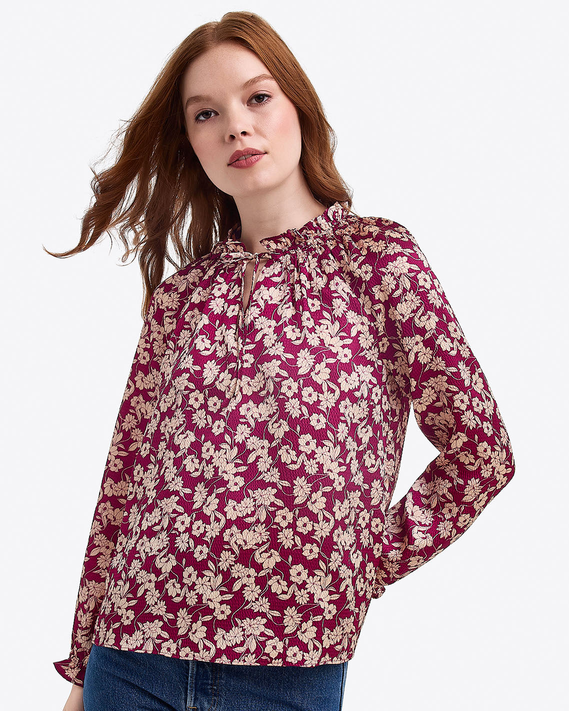Draper James Purple Multi Long Sleeve Top in Hammered Satin